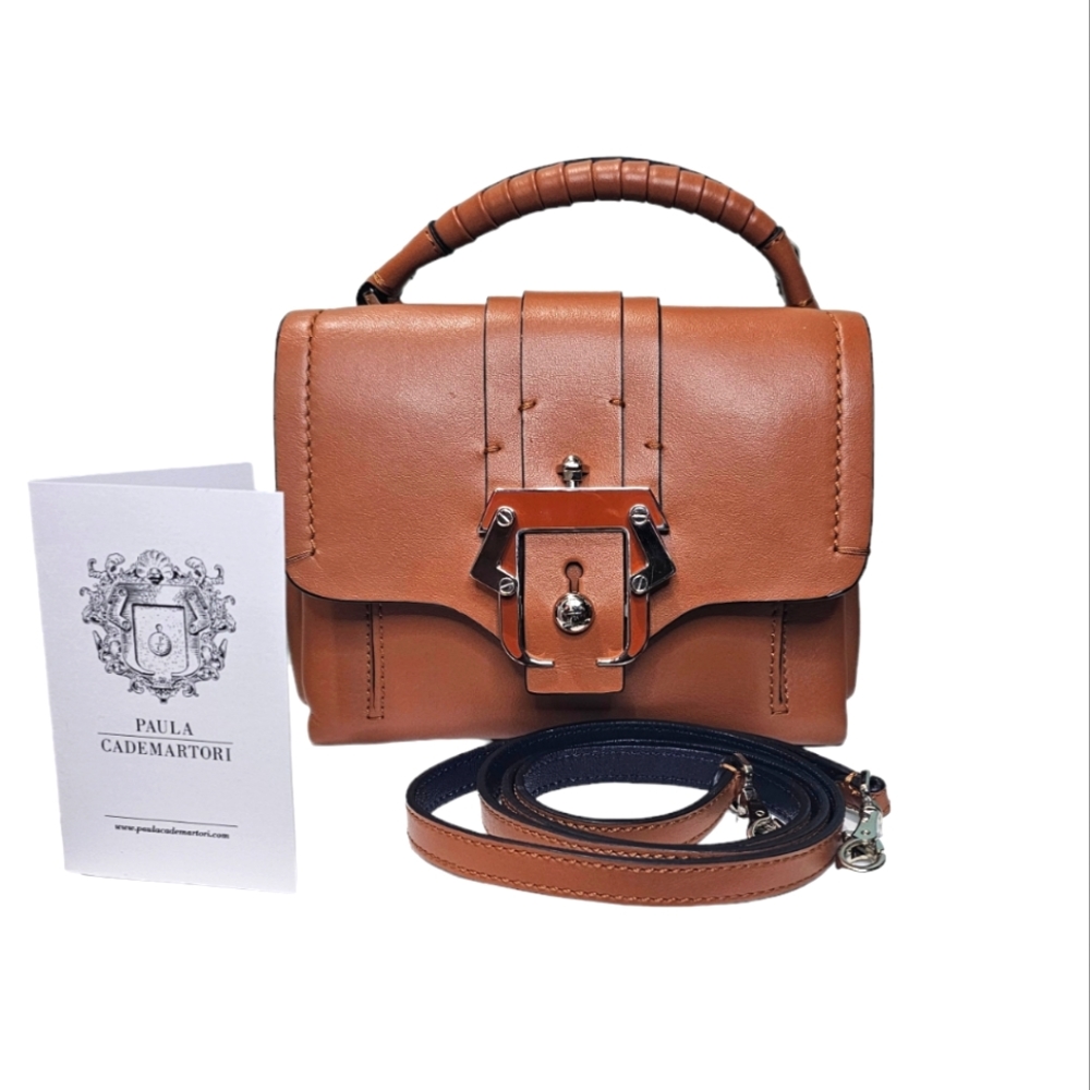PAULA CADEMARTORI Petite Faye Brown Leather Multi Pocket Mini Crossbody Tote Bag
